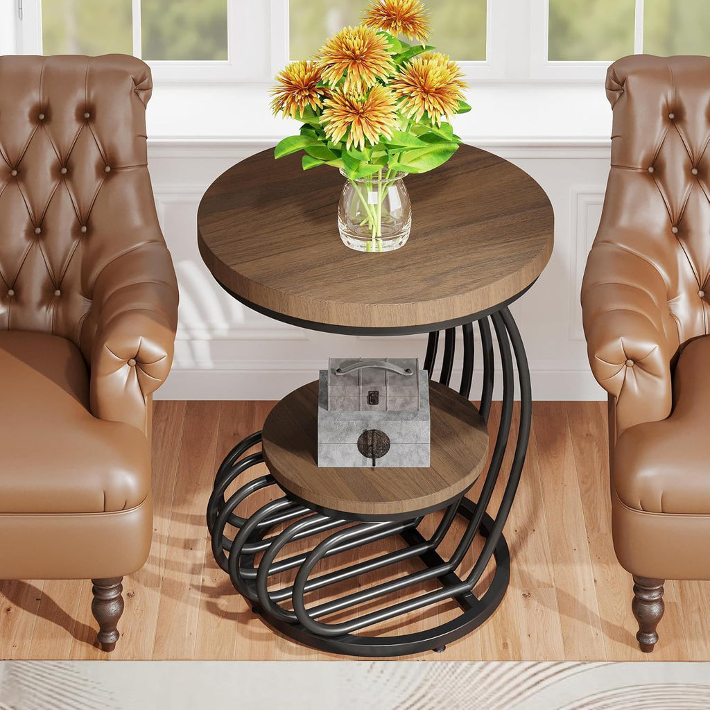 Round Vintage End Table with 2 Tier Storage - Dark Brown, Light Brown, White