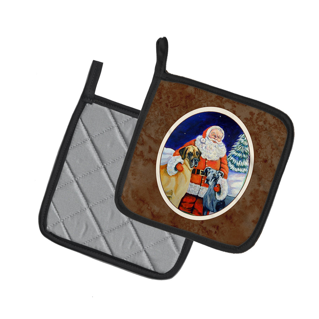 Santa Claus with Great Dane Pot Holder Set of 2 Heat Resistant Quilted Hot Pads 7.5 x 7.5 Inch, Insulated Kitchen Trivets for Cooking & Baking