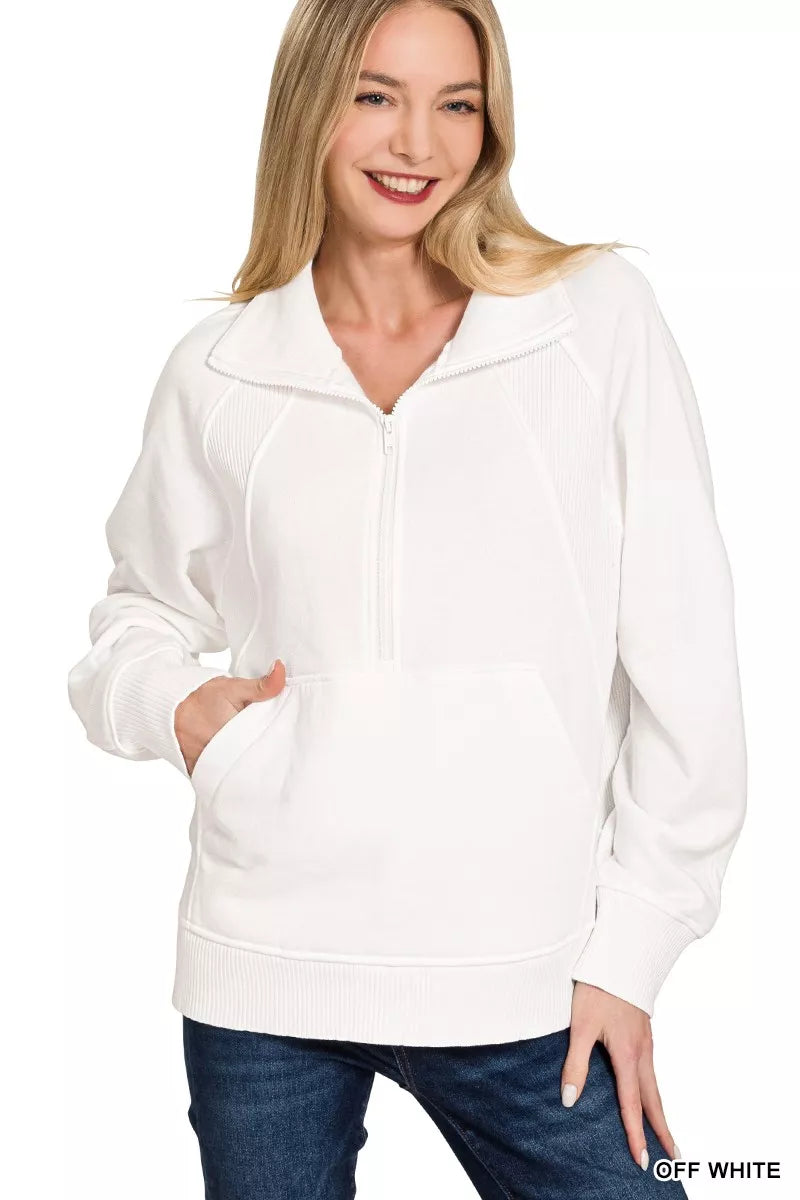 Zenana Half Zip Fleece Sweatshirt with kangaroo Pocket
