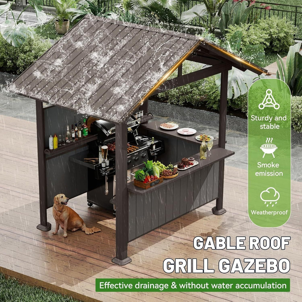 Hardtop Grill Gazebo with Storage Shelves & Resin Shade System - Brown
