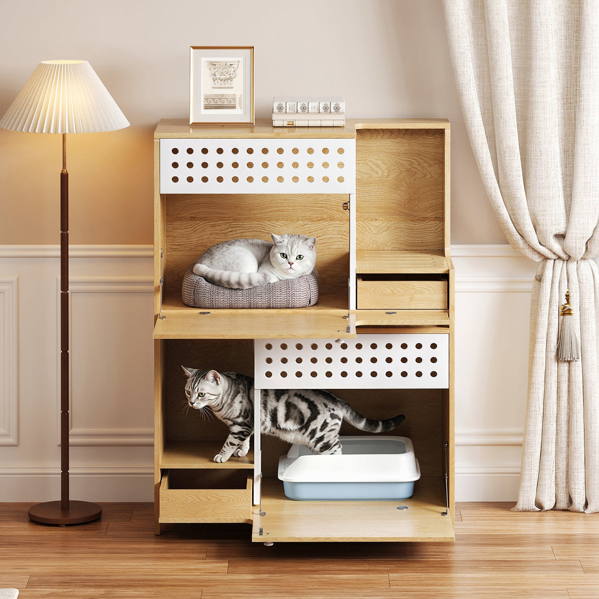 Modern 2 in 1 Cat Furniture with Litter Box Enclosure - Natural