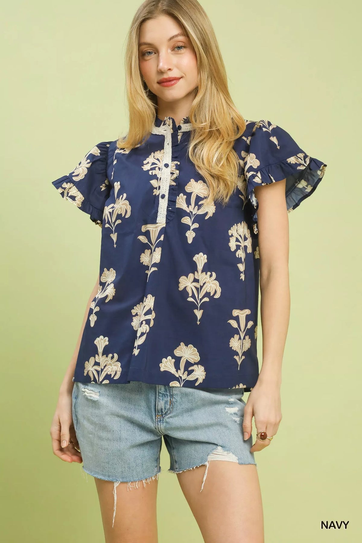 Umgee Floral Ruffle Sleeve Split-Neck Top