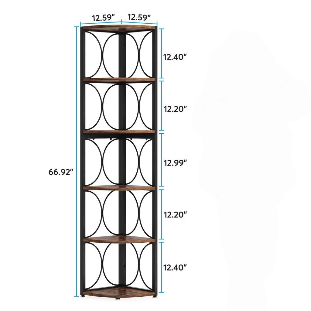 Tall 6 Tier Corner Bookshelf with Durable MDF & Metal Frame - Rustic Brown
