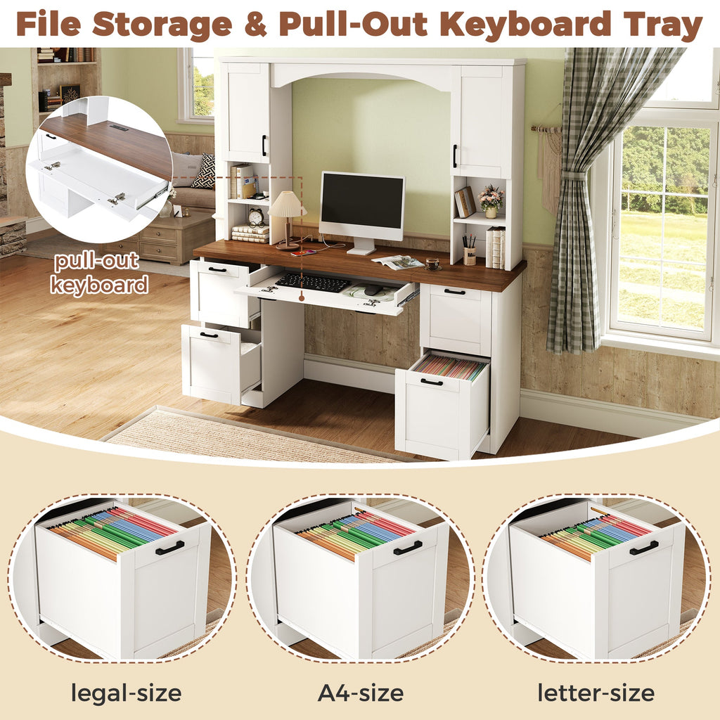 Farmhouse Arched Computer Desk with Hutch - White
