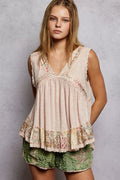 POL Lace Detail Ruffled Ribbed Sleeveless Top with Floral Pattern Trim Detail