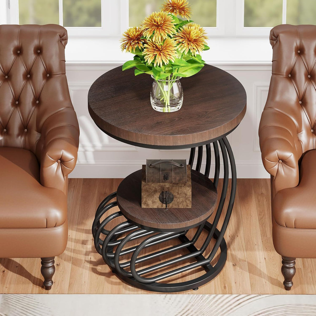 Round Vintage End Table with 2 Tier Storage - Dark Brown, Light Brown, White