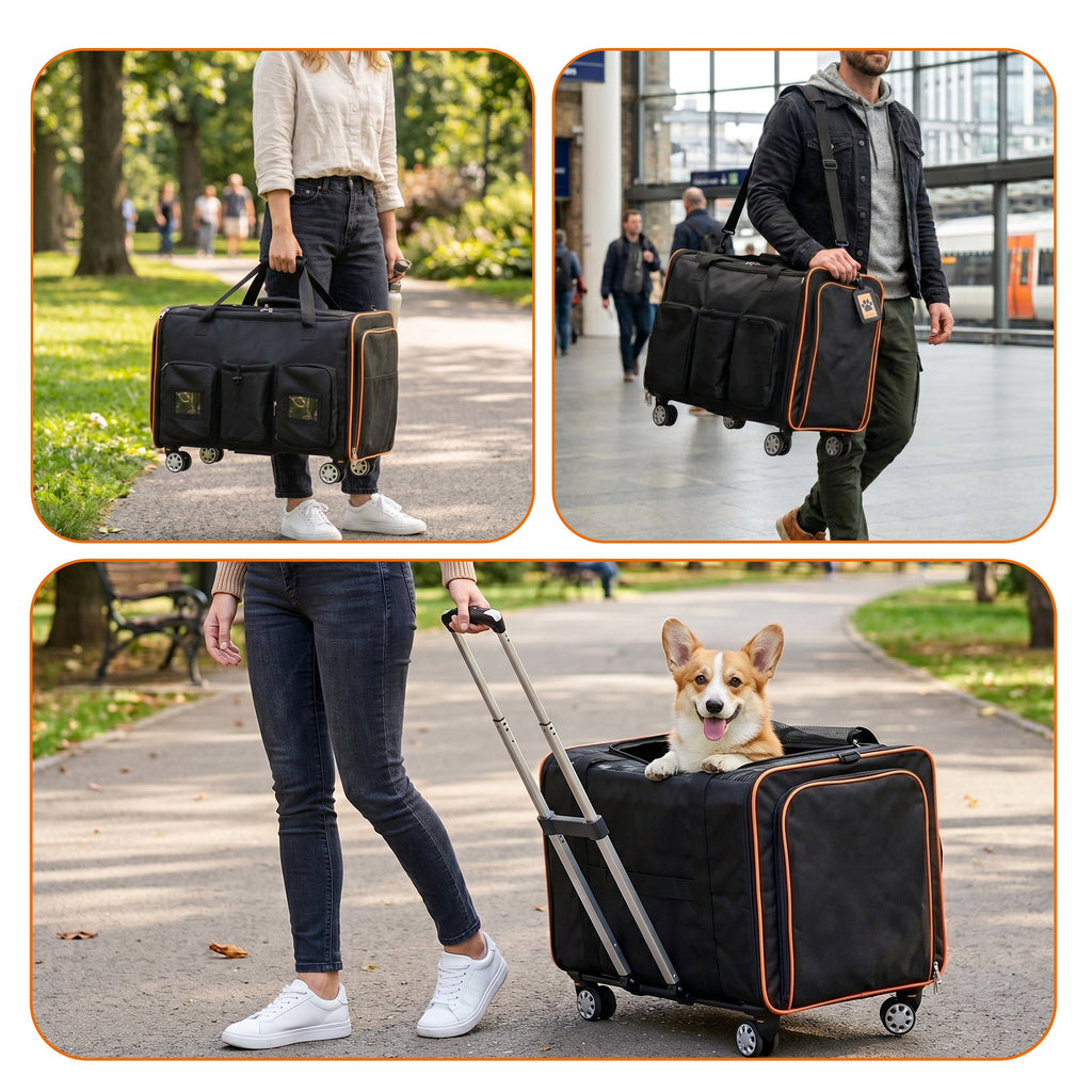 2 in 1 Large Cat Carrier with Rolling Wheels and Expandable Design - Black
