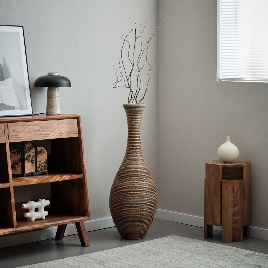 Tall Artificial Rattan Floor Vase with Artistic Design - Beige / Gray
