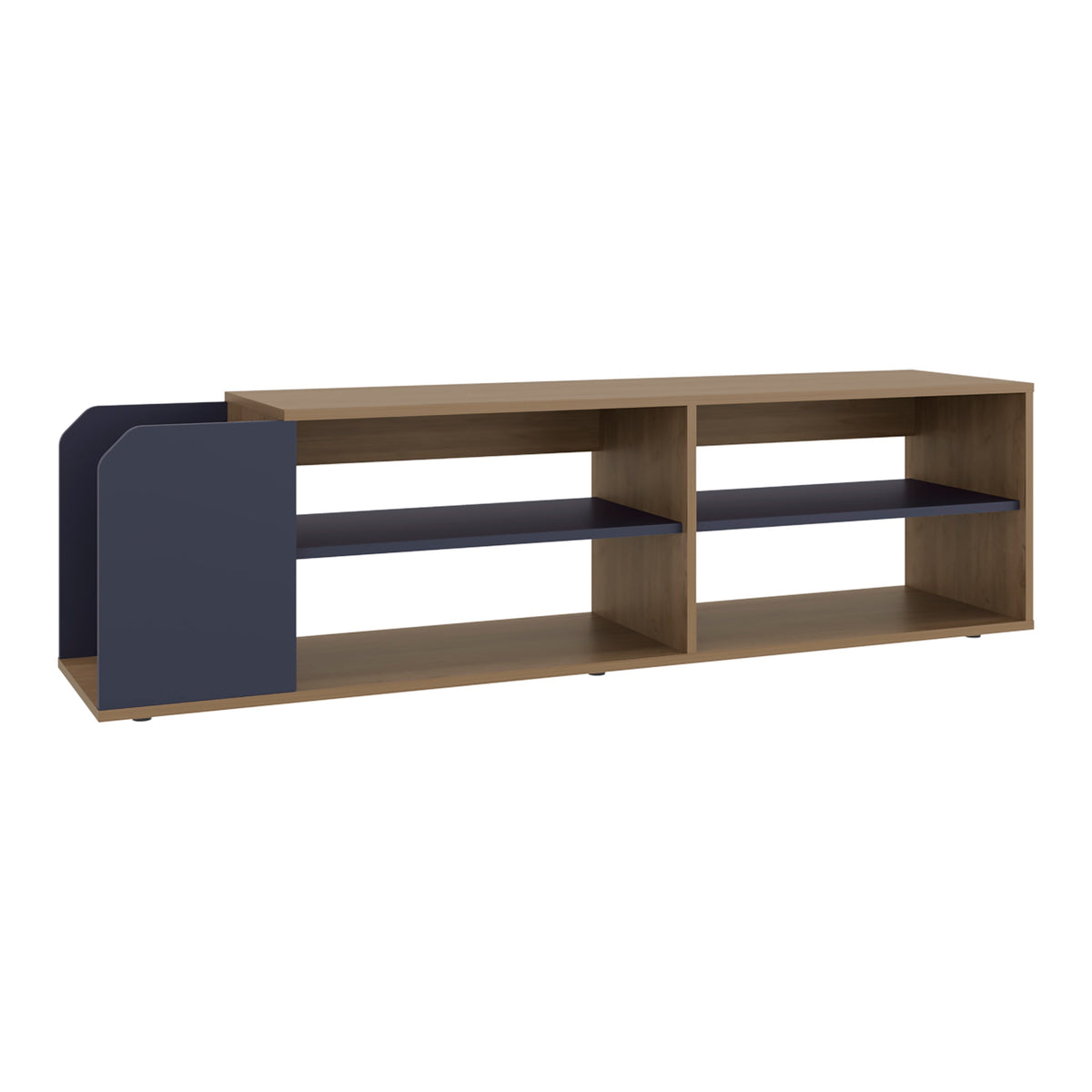 Solene TV Stand with Open Shelves - Modern Storage Solution with Spacious Shelves - Blue and Walnut