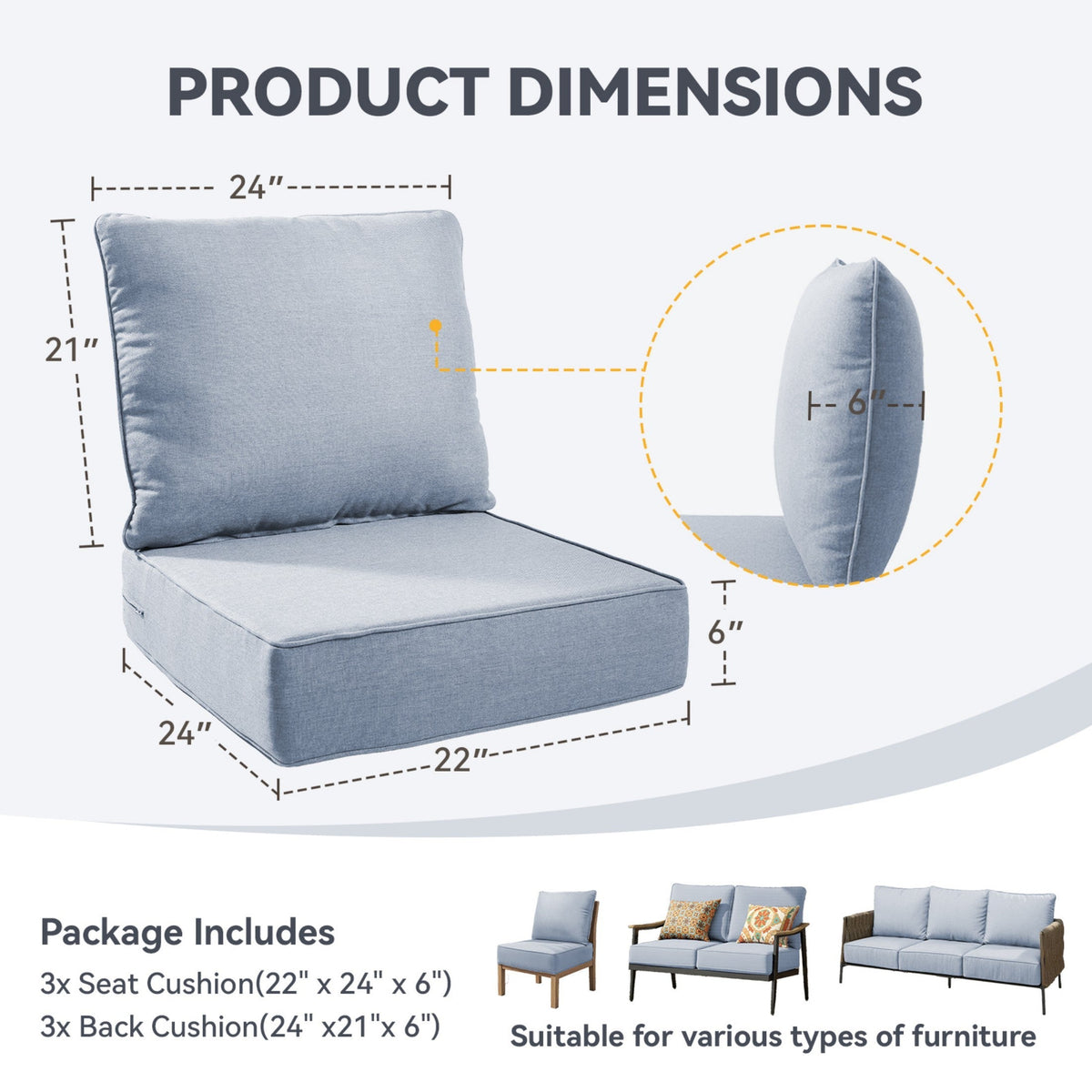 6" Thicker Outdoor Chair Cushion Set with Waterproof Olefin Fabric - Charcoal