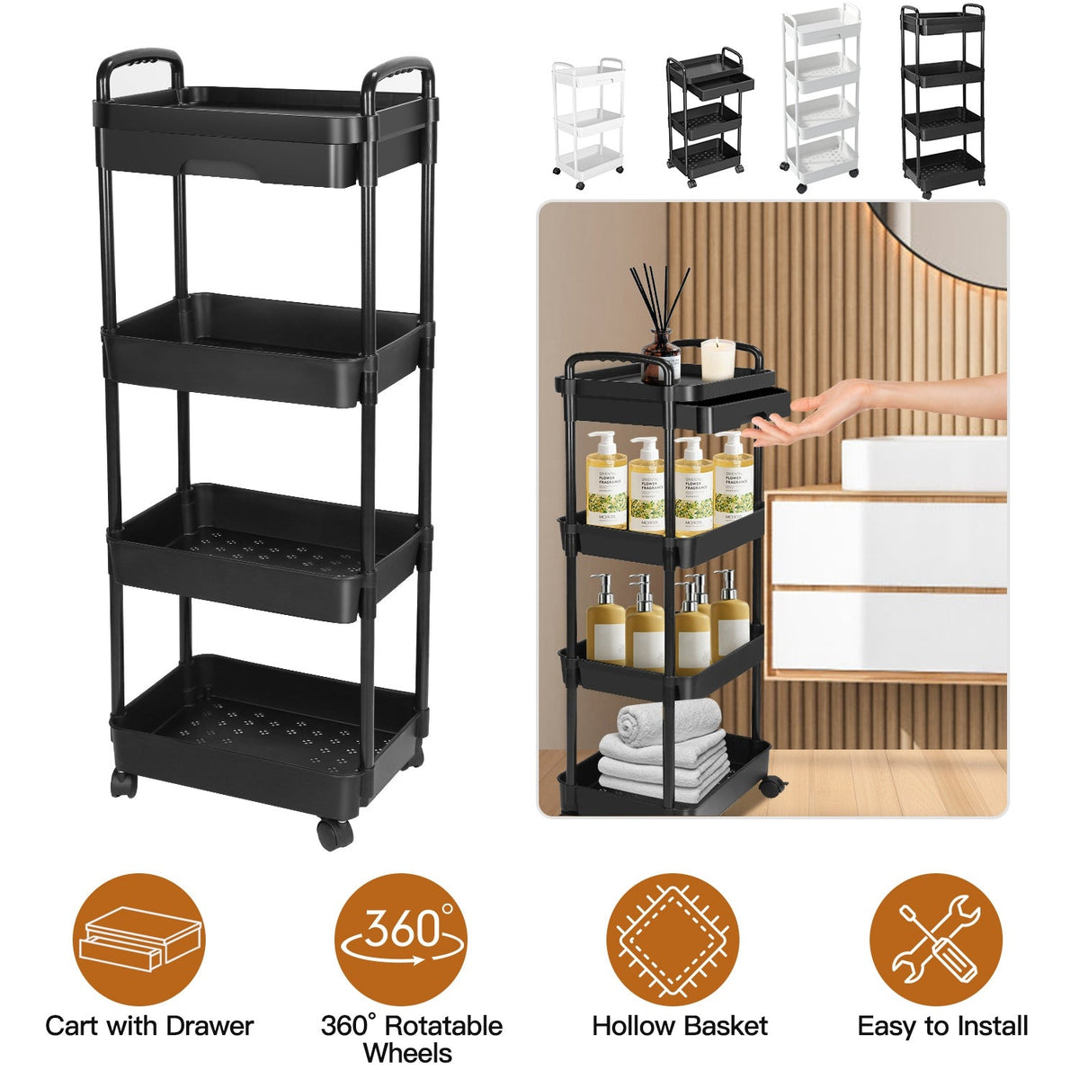 3 Tier Rolling Utility Cart Movable Storage Organizer with Drawer Lockable Wheels 360 Degree Rotatable Hallow Design for Bedroom Bathroom Kitchen