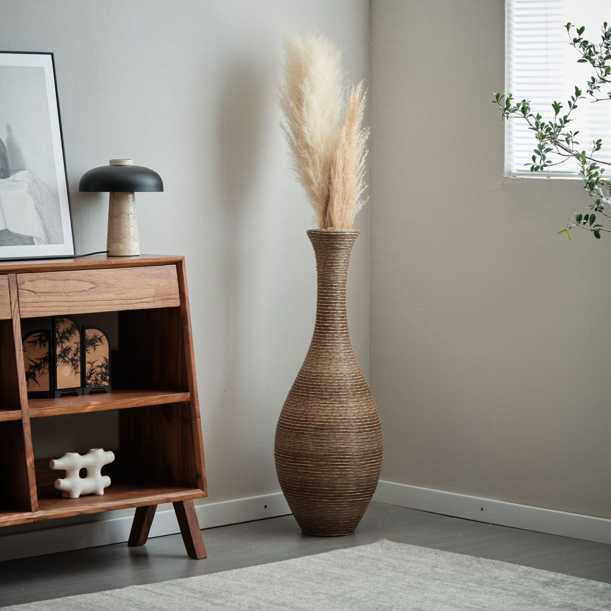 Tall Artificial Rattan Floor Vase with Artistic Design - Beige / Gray