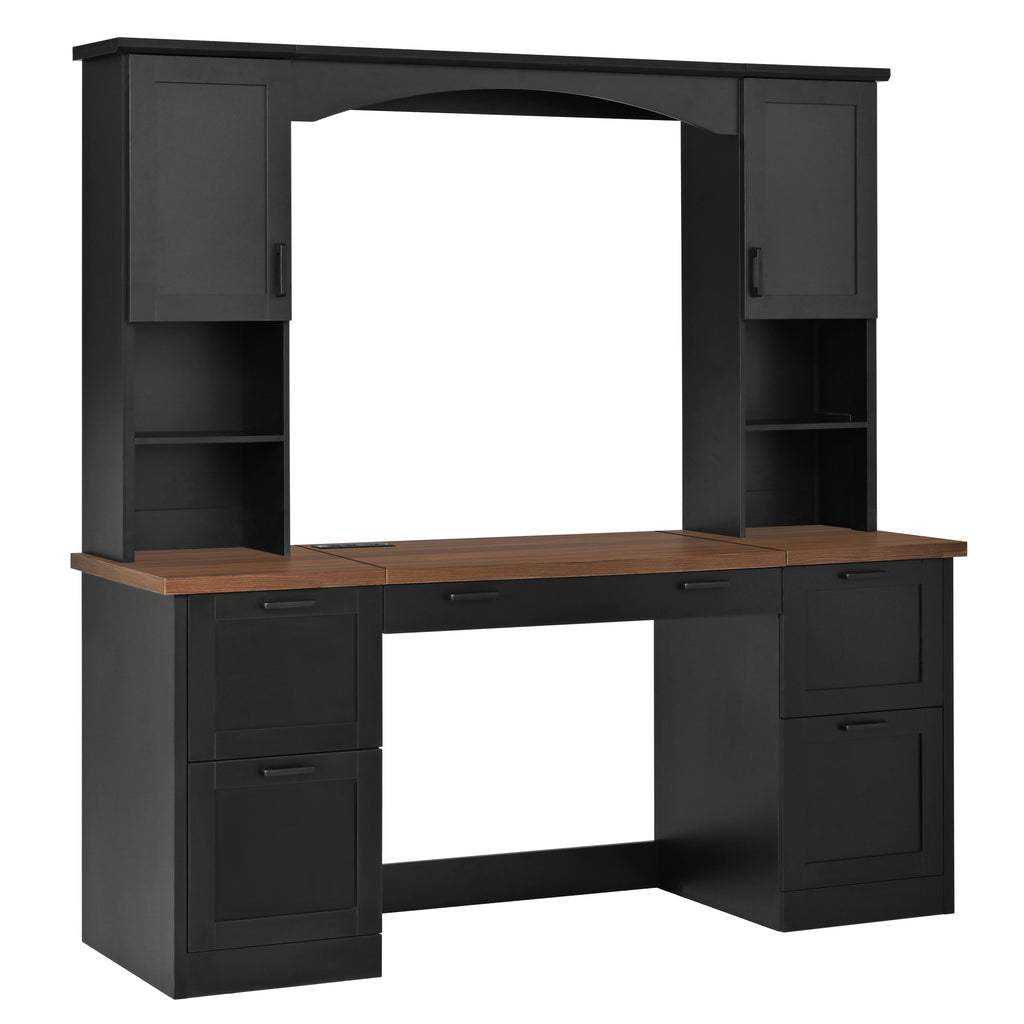 Farmhouse Arched Computer Desk with Hutch - MDF, Walnut & Black