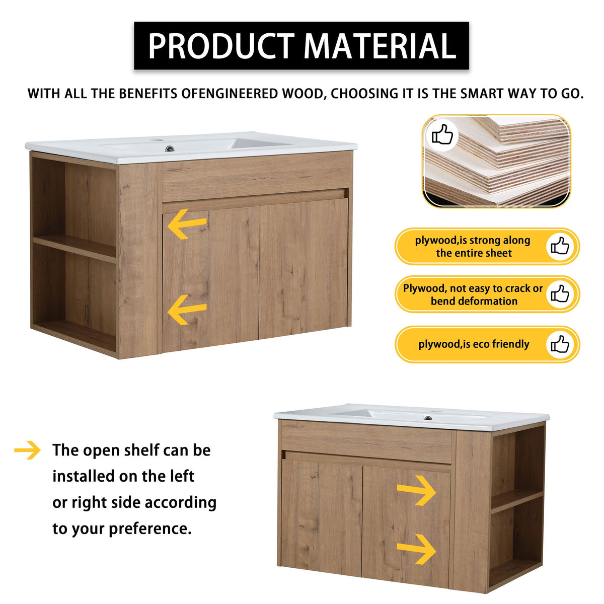Modern Wall Mounted Bathroom Vanity With Sink And Storage Rack Soft Close Doors Plywood - Imitative Oak