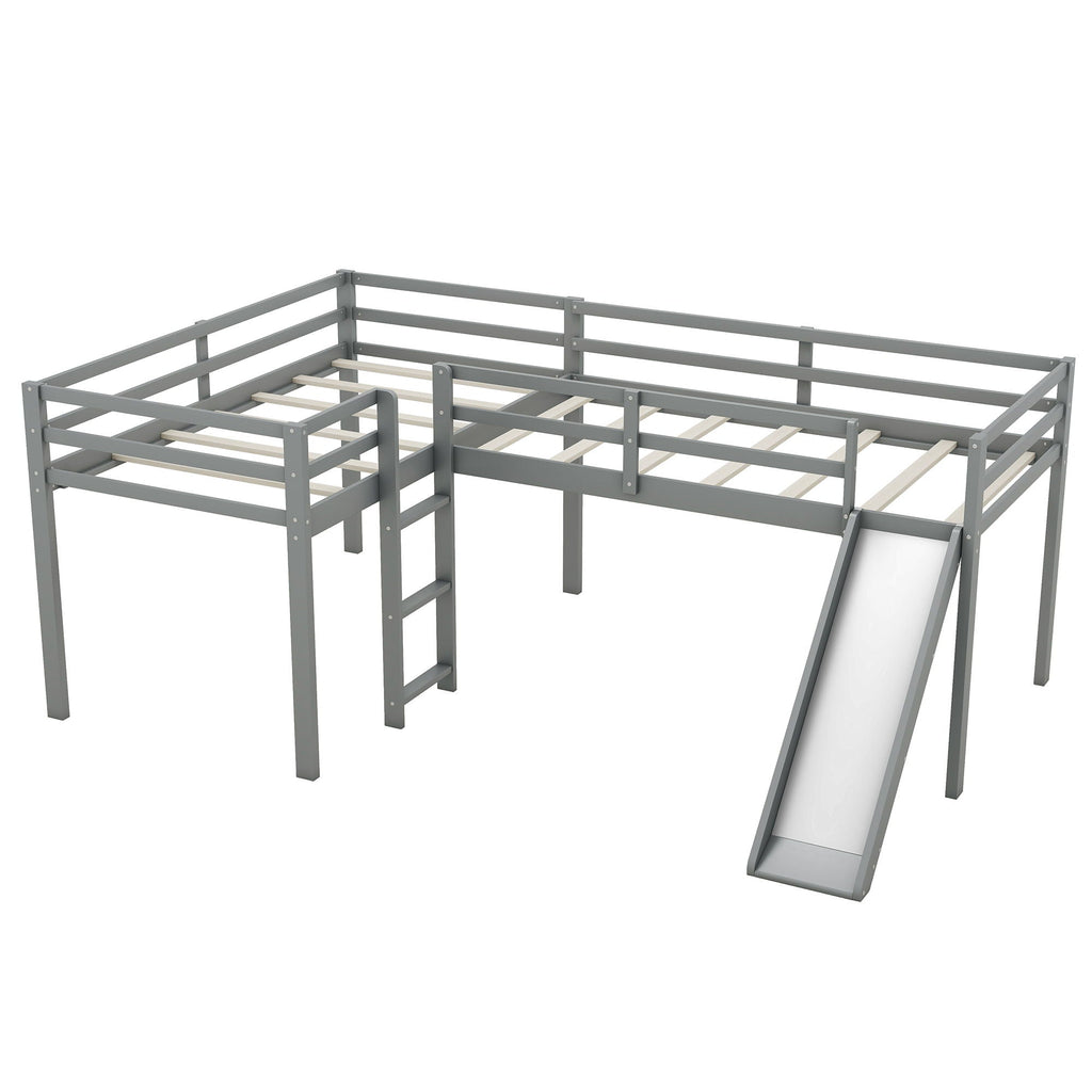 L Shaped Loft Bed with Slide and Ladder - Twin Size, Solid Wood - White or Dark Gray