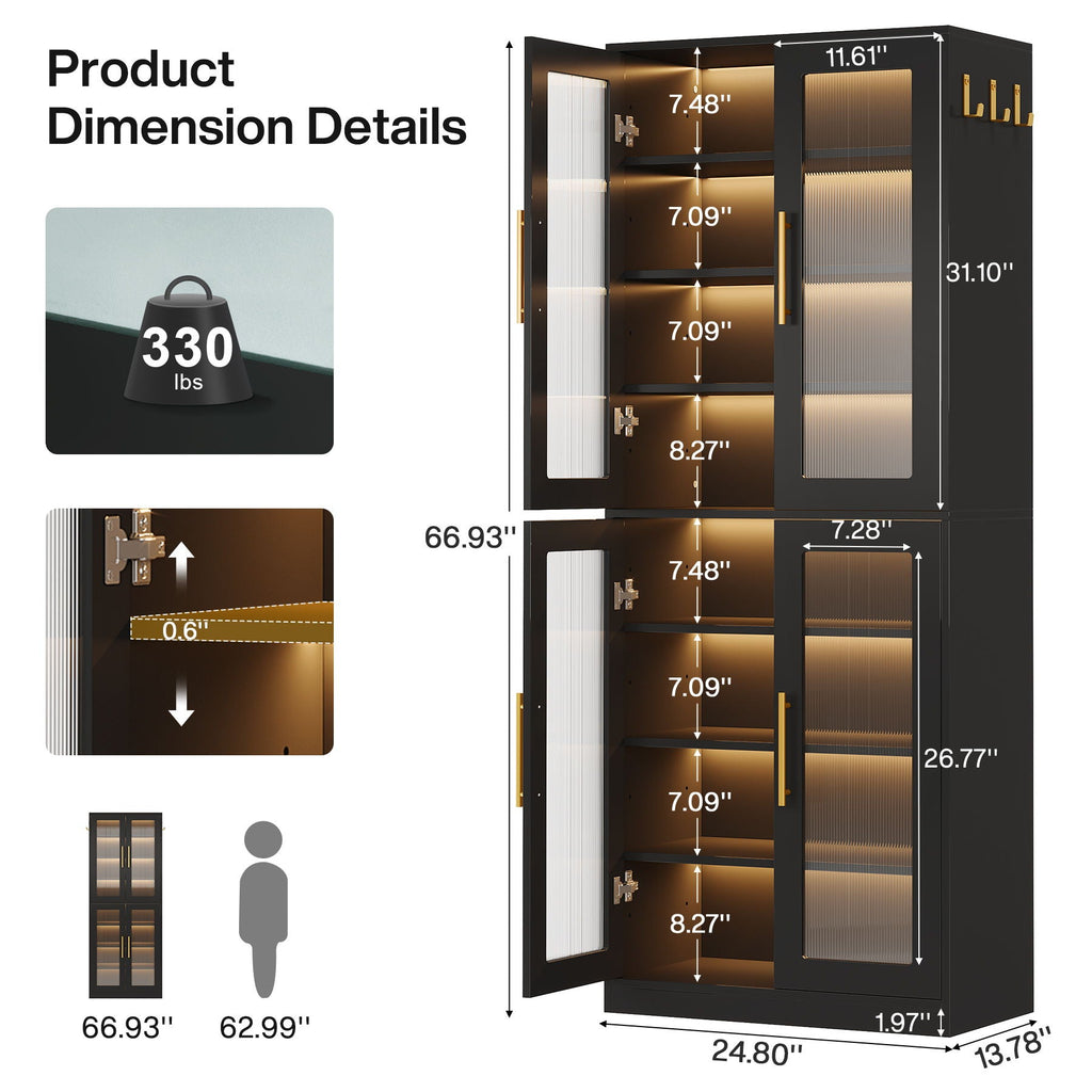 Bookcase With Doors and LED Lighting with Adjustable Shelves - Black, Gray, White