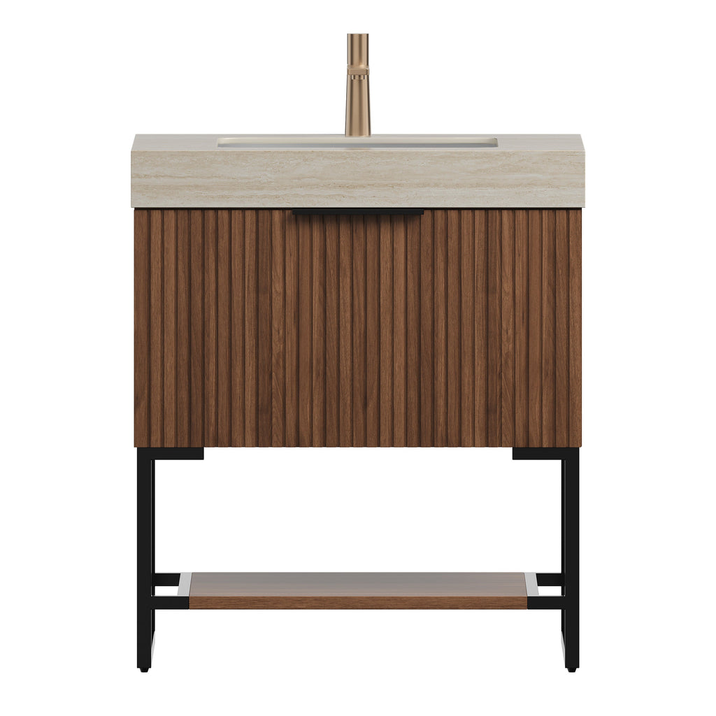 YOLAN 30" Bathroom Vanity with Sintered Stone Sink Top - Walnut