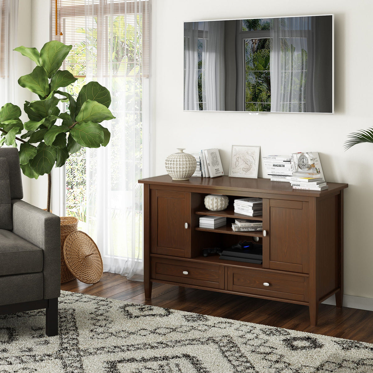 Transitional Style TV Media Stand with Storage - Light Brown, Dark Brown, White