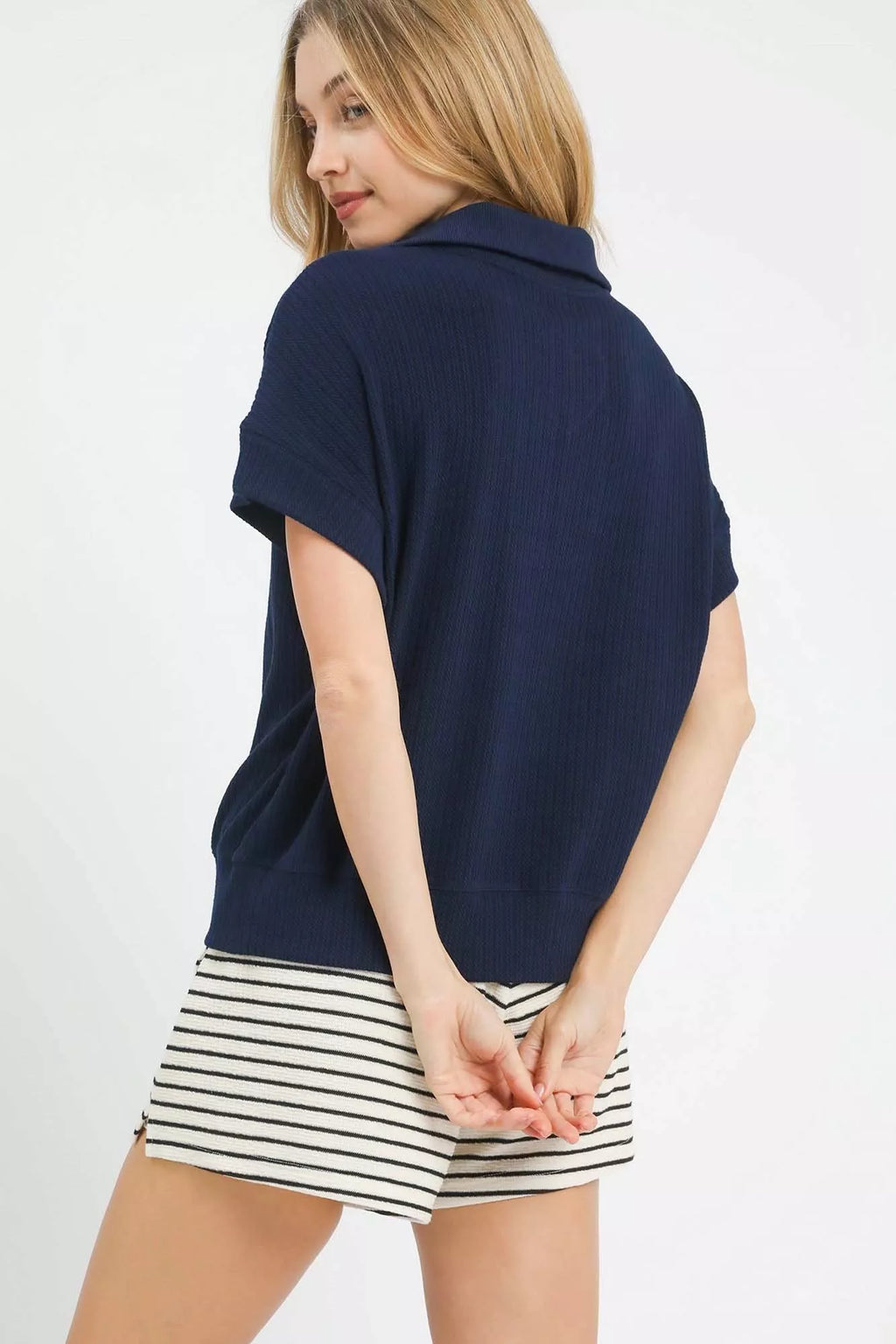 Umgee Textured Striped Zip Collar Knit Top