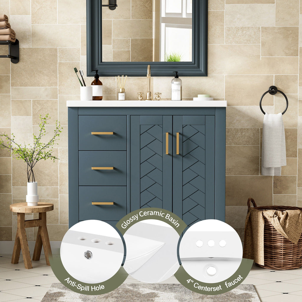 Ceramic Sink Vanity Combo with 3 Drawers and Soft Closing Doors - 30"