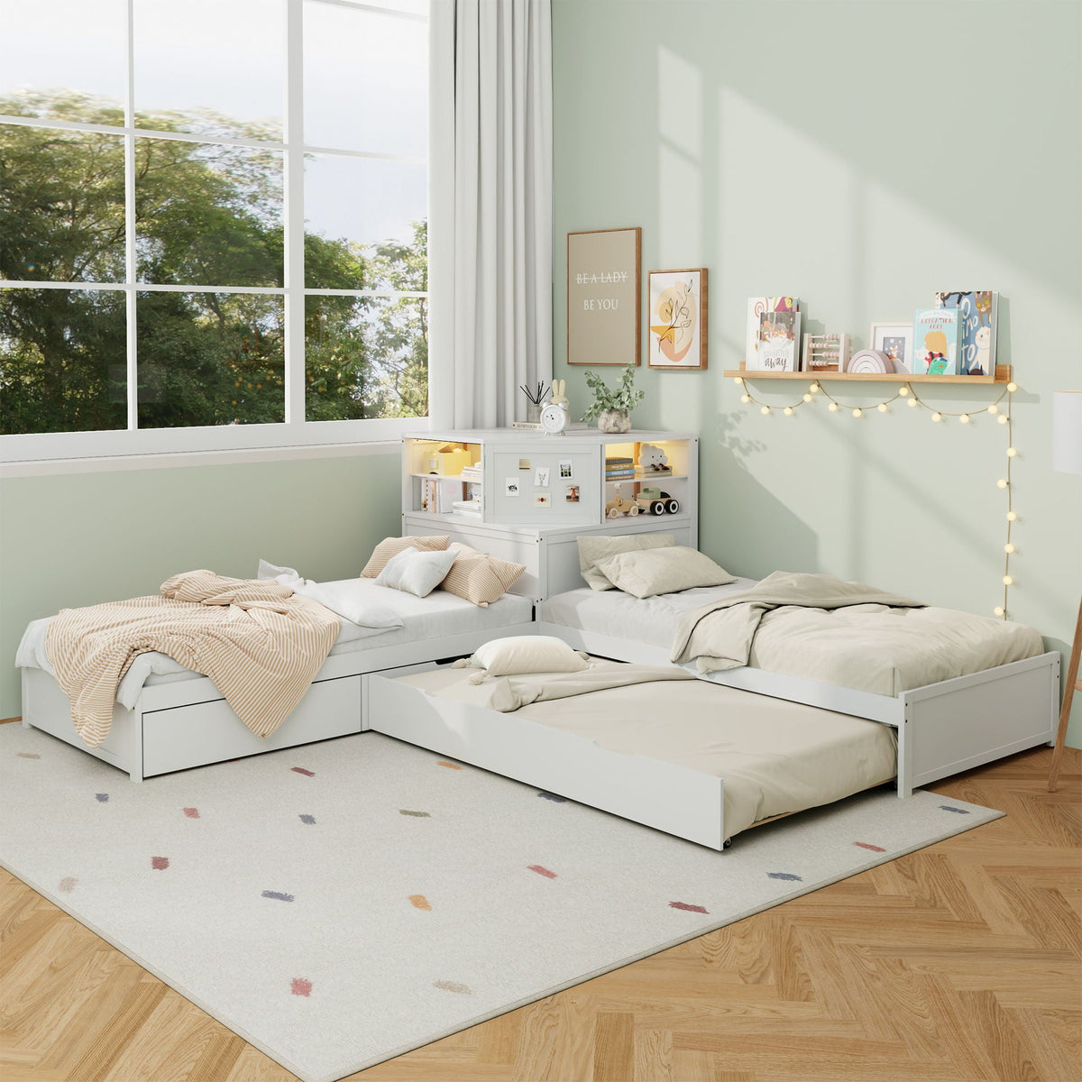 L-Shaped Bed Frame with Trundle, Desk & LED Lighting - Twin