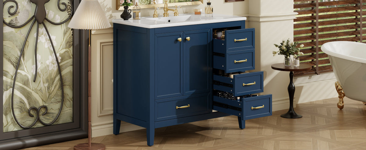 36" Bathroom Vanity with Ceramic Sink and Multi-Tier Storage - Blue, Black, or Grey