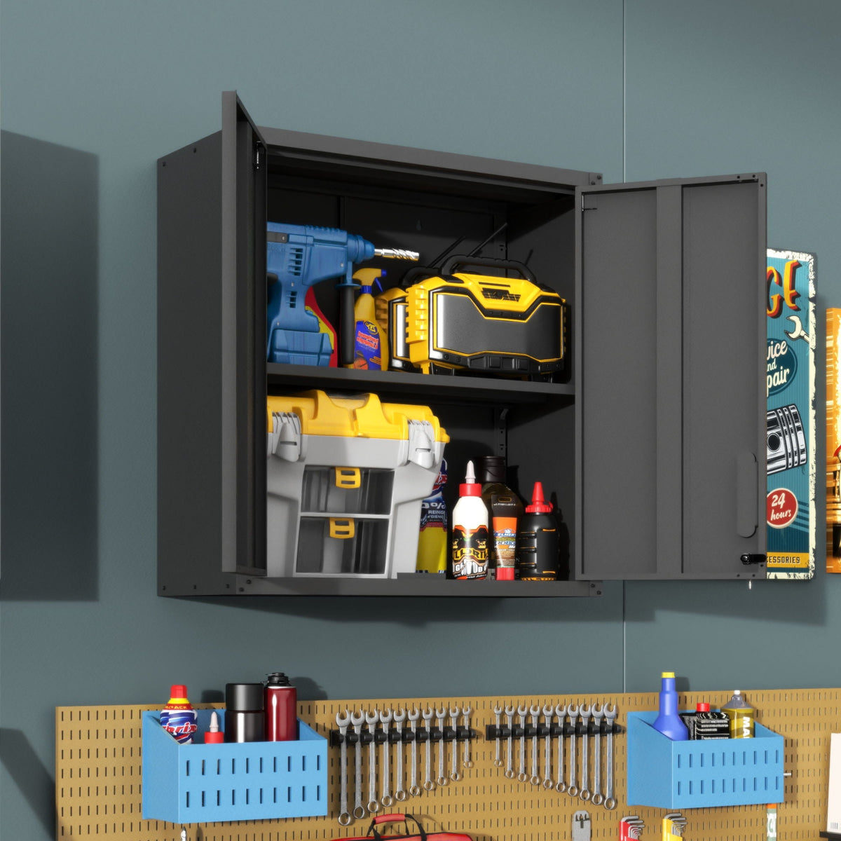Metal Wall Mounted Tool Storage Cabinet with 2 Locking Doors and Adjustable Shelf - Gray or Black