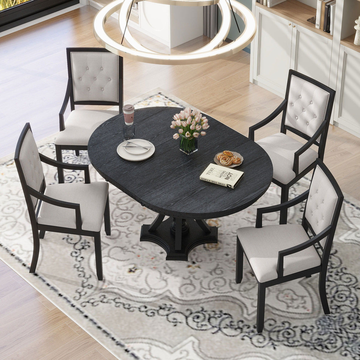 Extendable 5 Piece Dining Set with Cushioned Chairs - Black/Oak