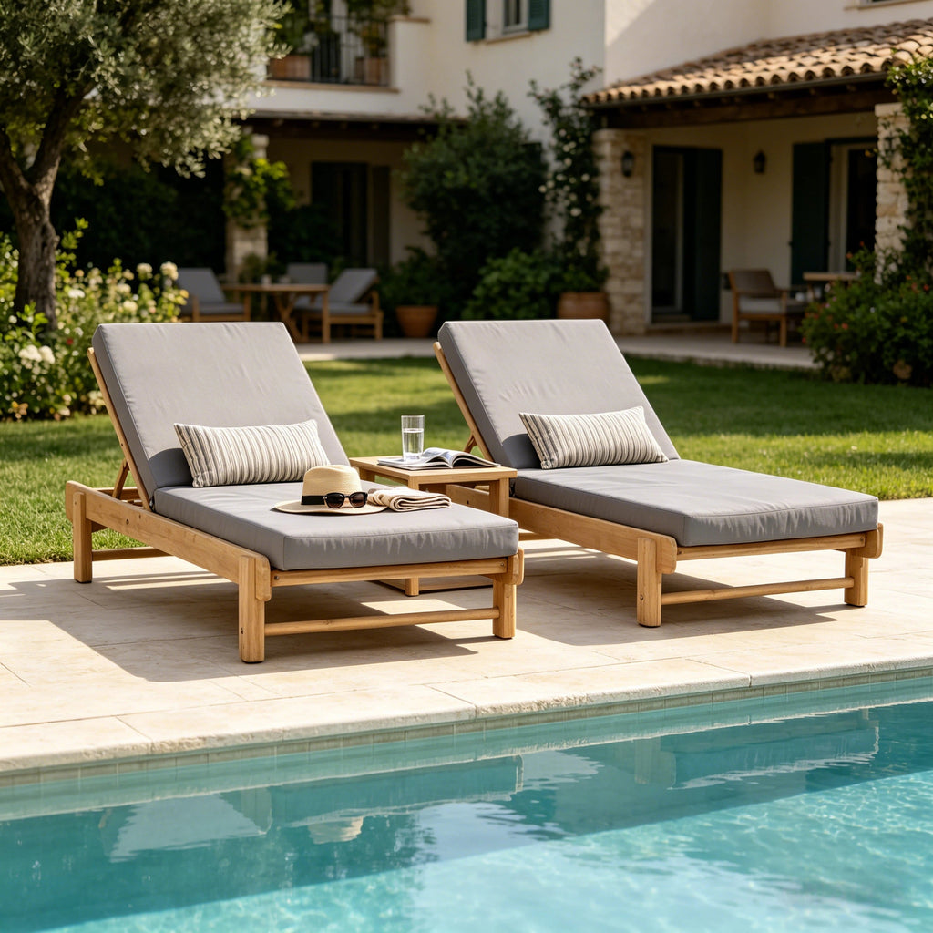 Light Teak Acacia Wood Chaise Lounge Set with Adjustable Backrest - Dark Grey