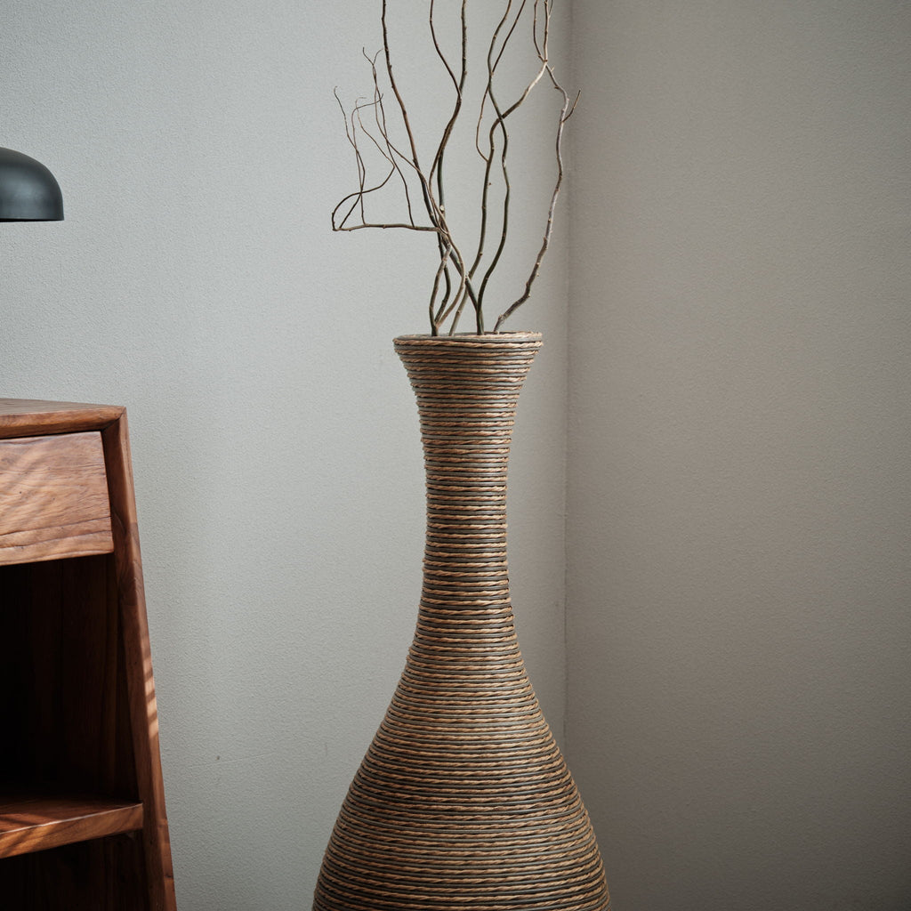 Tall Artificial Rattan Floor Vase with Artistic Design - Beige / Gray
