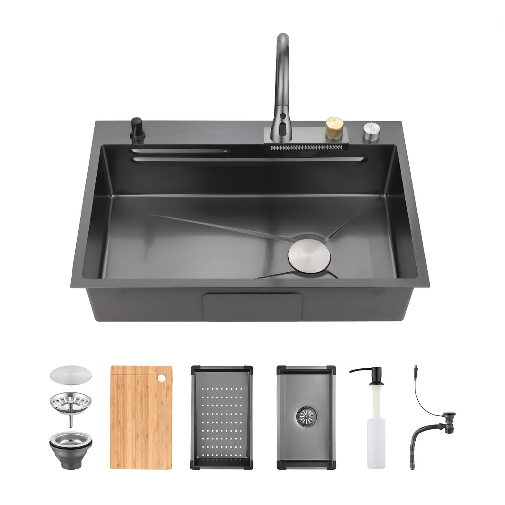 Stainless Steel Waterfall Kitchen Sink with Single Bowl - Black