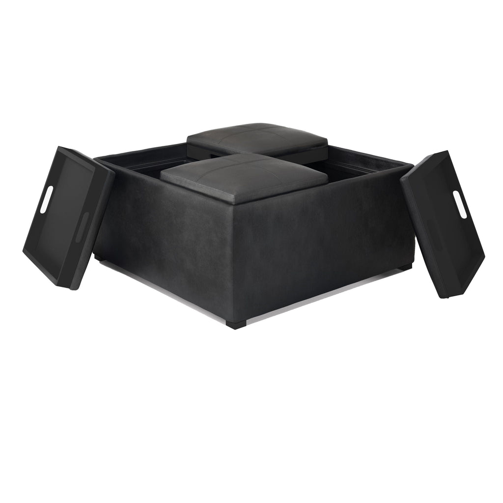 Upholstered Square Coffee Table Storage Ottoman with Flip Serving Trays - Black or Dark Brown