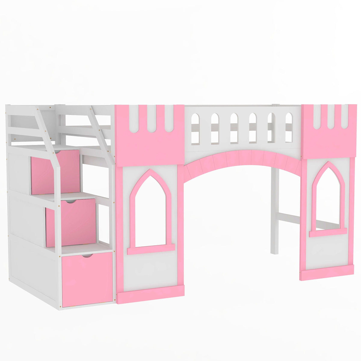 Loft Bed With Storage Staircase and Windows - Twin Size