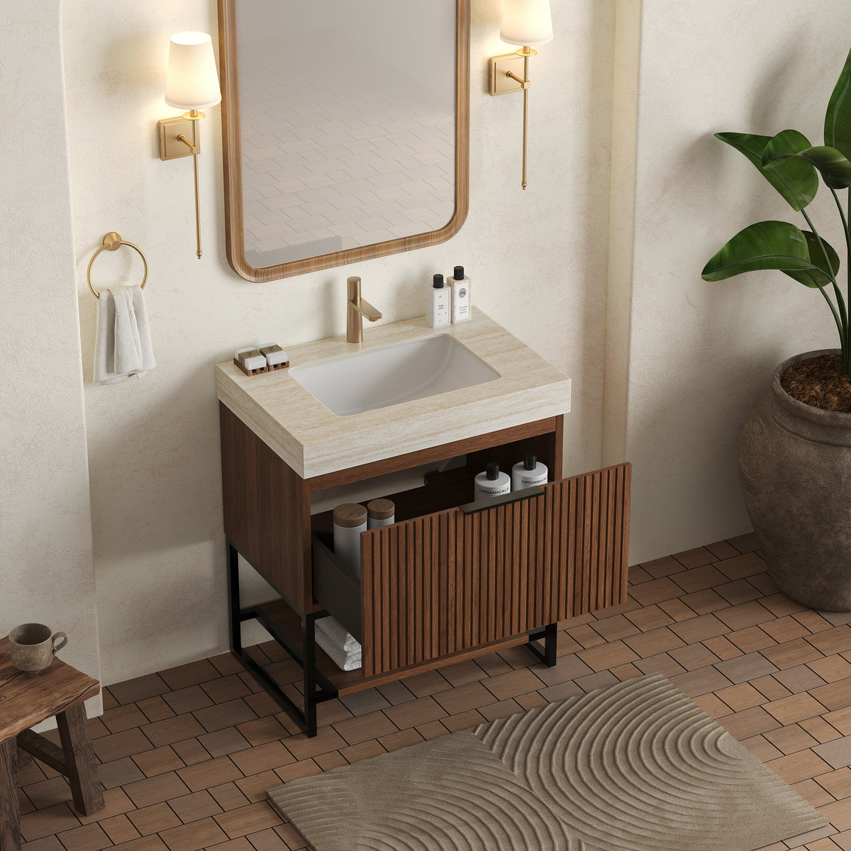 YOLAN 30" Bathroom Vanity with Sintered Stone Sink Top - Walnut