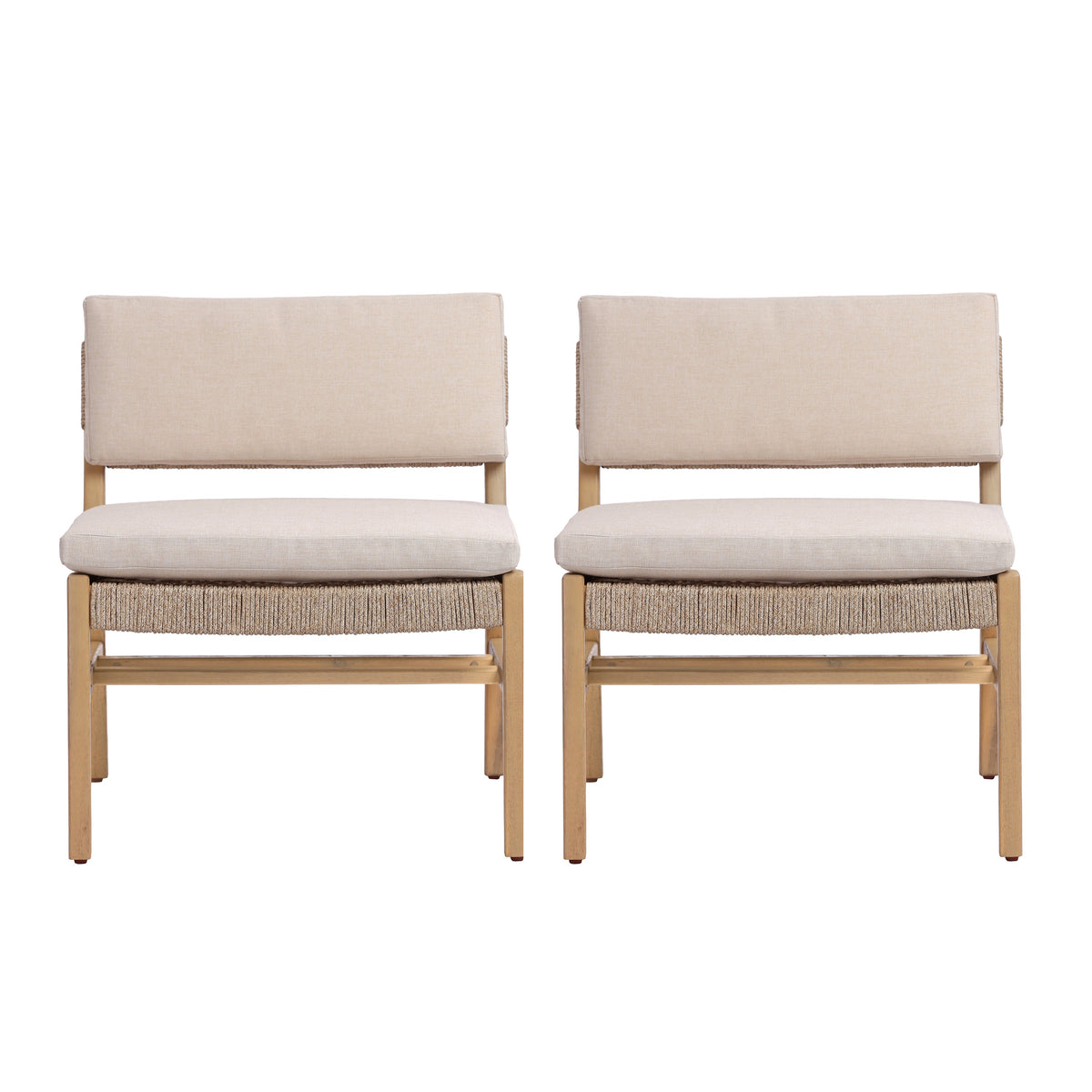 Acacia and Rope Lounge Chair with Water-Repellent Cushions - Beige