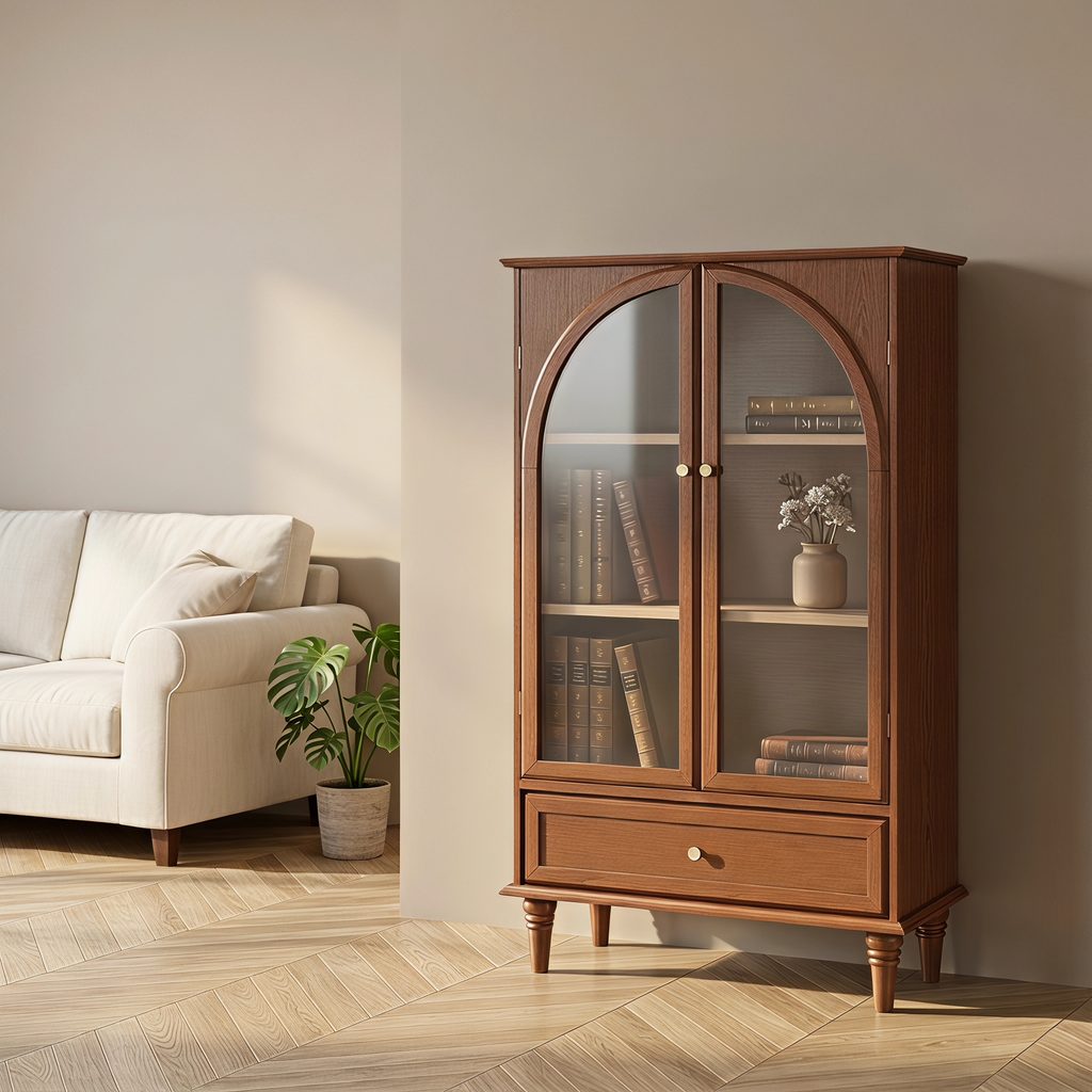 Vintage Farmhouse Arched Glass Accent Cabinet with Arched Glass Doors - Antique Glaze
