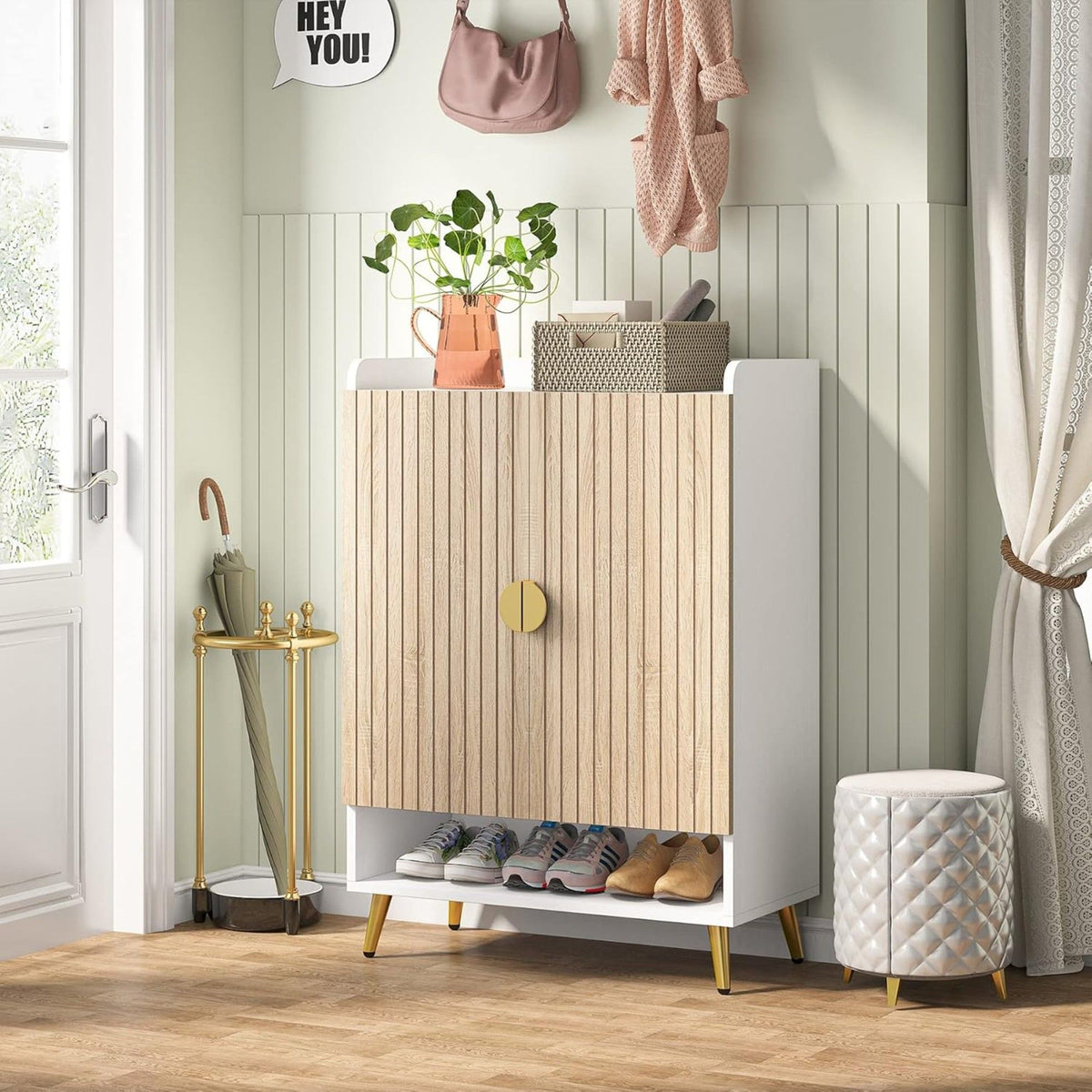 Shoe Cabinet With Doors, 7 Tier Storage Organizer with Adjustable Shelves - Dark Brown, Light Brown, or White