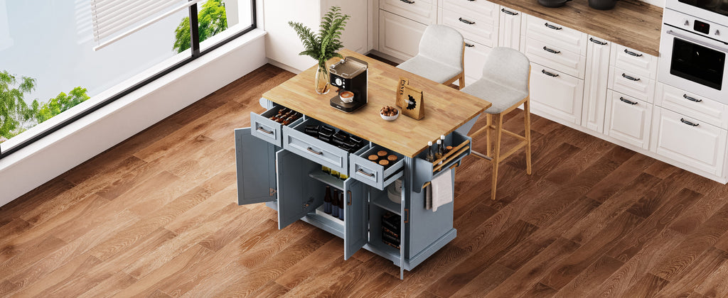54" Large Kitchen Island with Rubber Wood Drop Leaf and Storage - Brown