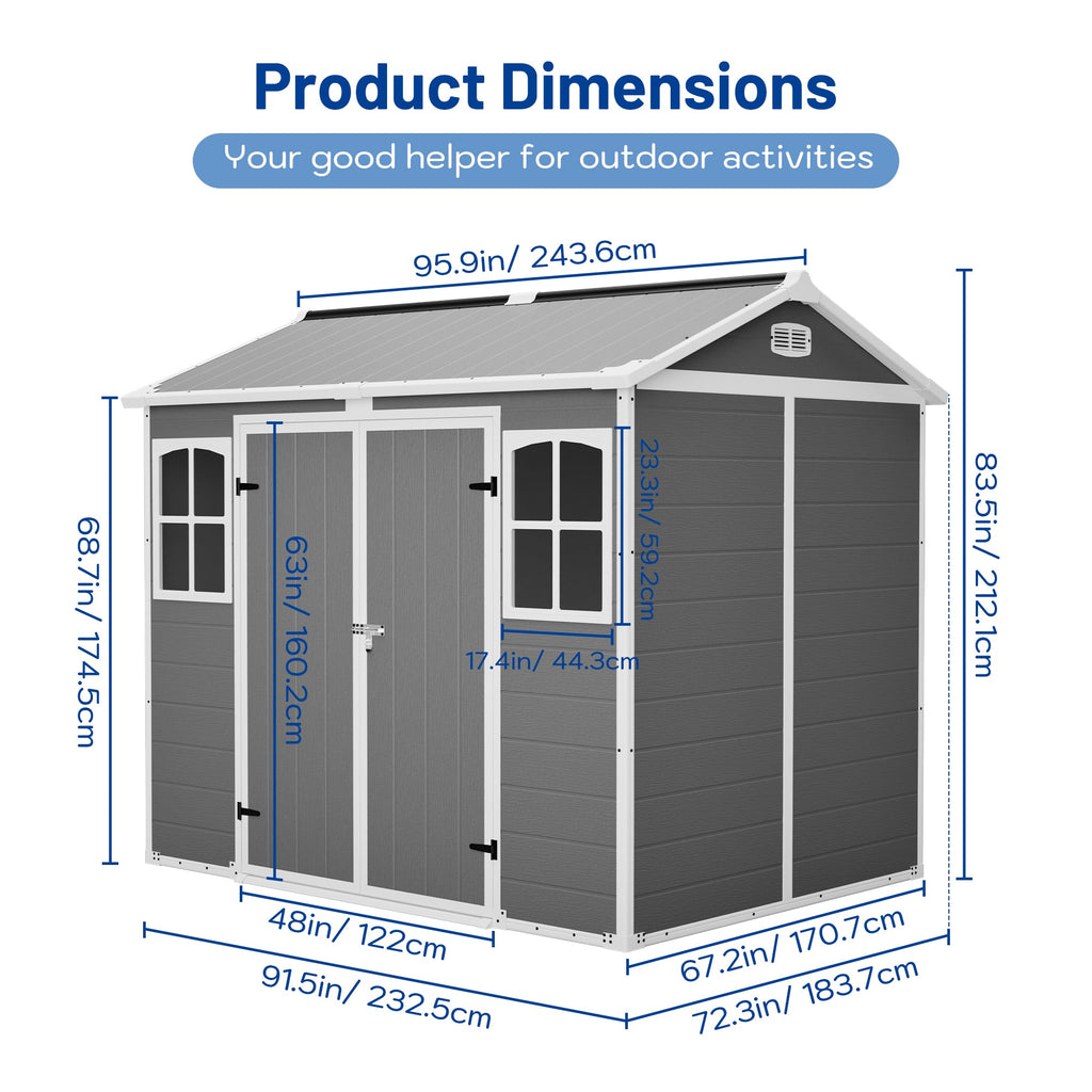 Plastic Utility Shed 8x6 ft with Floor – Lockable Storage Shed - Gray-White
