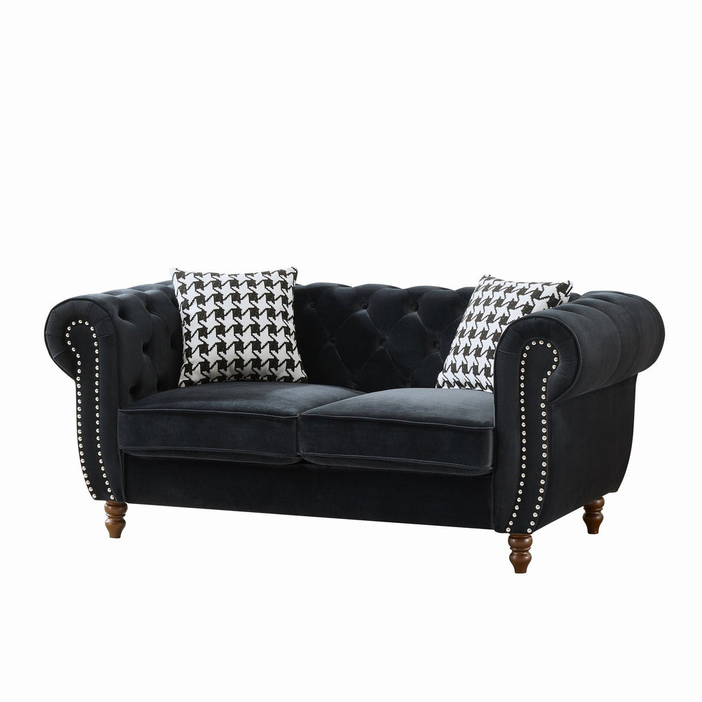 Chesterfield 3 And 2 Seater Upholstery Sofa with Roll Armrest & Nailhead Fabric Couch - Black