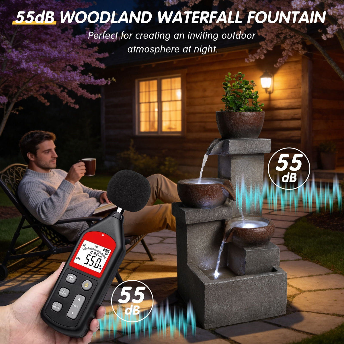 LED Waterfall Fountain Outdoor with LED Lighting - Gray