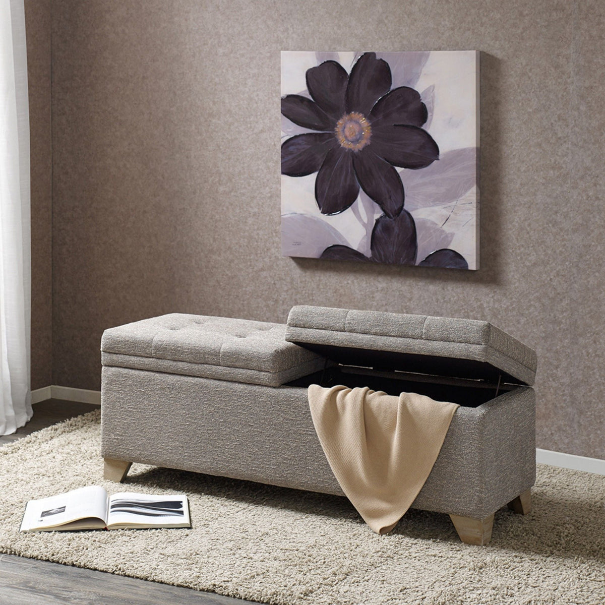 Soft Close Upholstered Storage Bench with Split-Top Access - Dark Gray