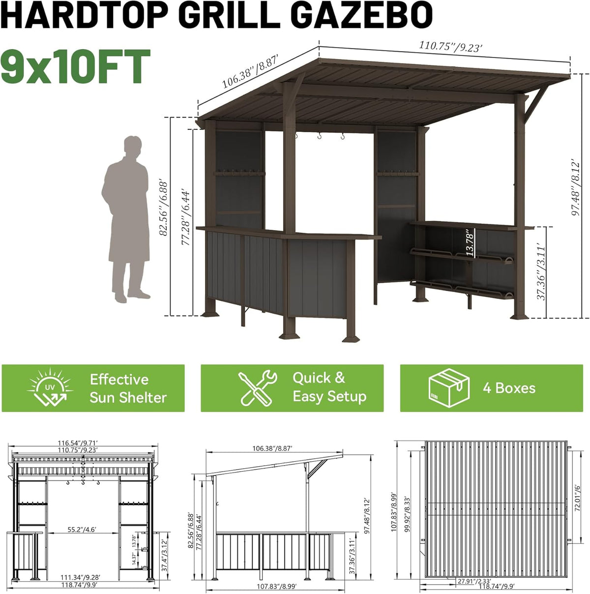 9x10FT Hardtop Grill Gazebo with Storage Shelves - Brown Steel