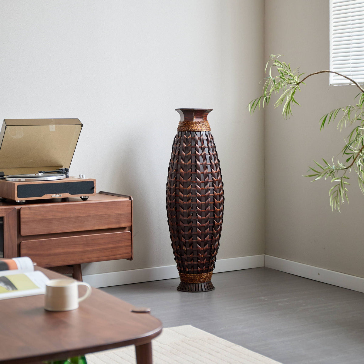 Hand Woven Bamboo Floor Vase with Sculptural Design - Acacia Wood