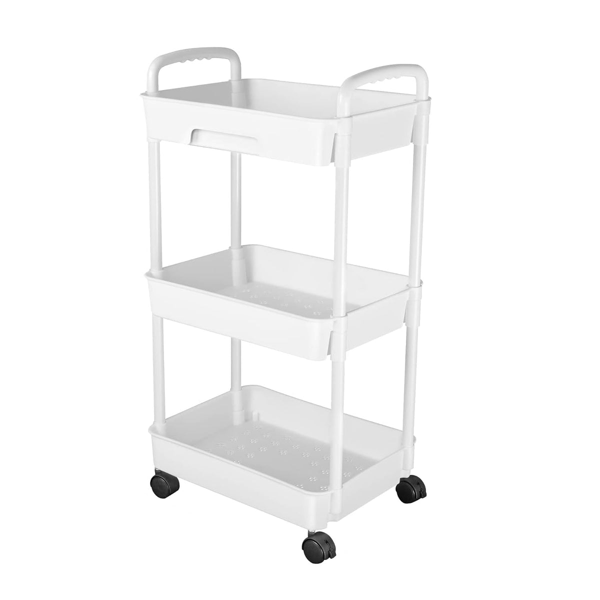 3 Tier Rolling Utility Cart Movable Storage Organizer with Drawer Lockable Wheels 360 Degree Rotatable Hallow Design for Bedroom Bathroom Kitchen