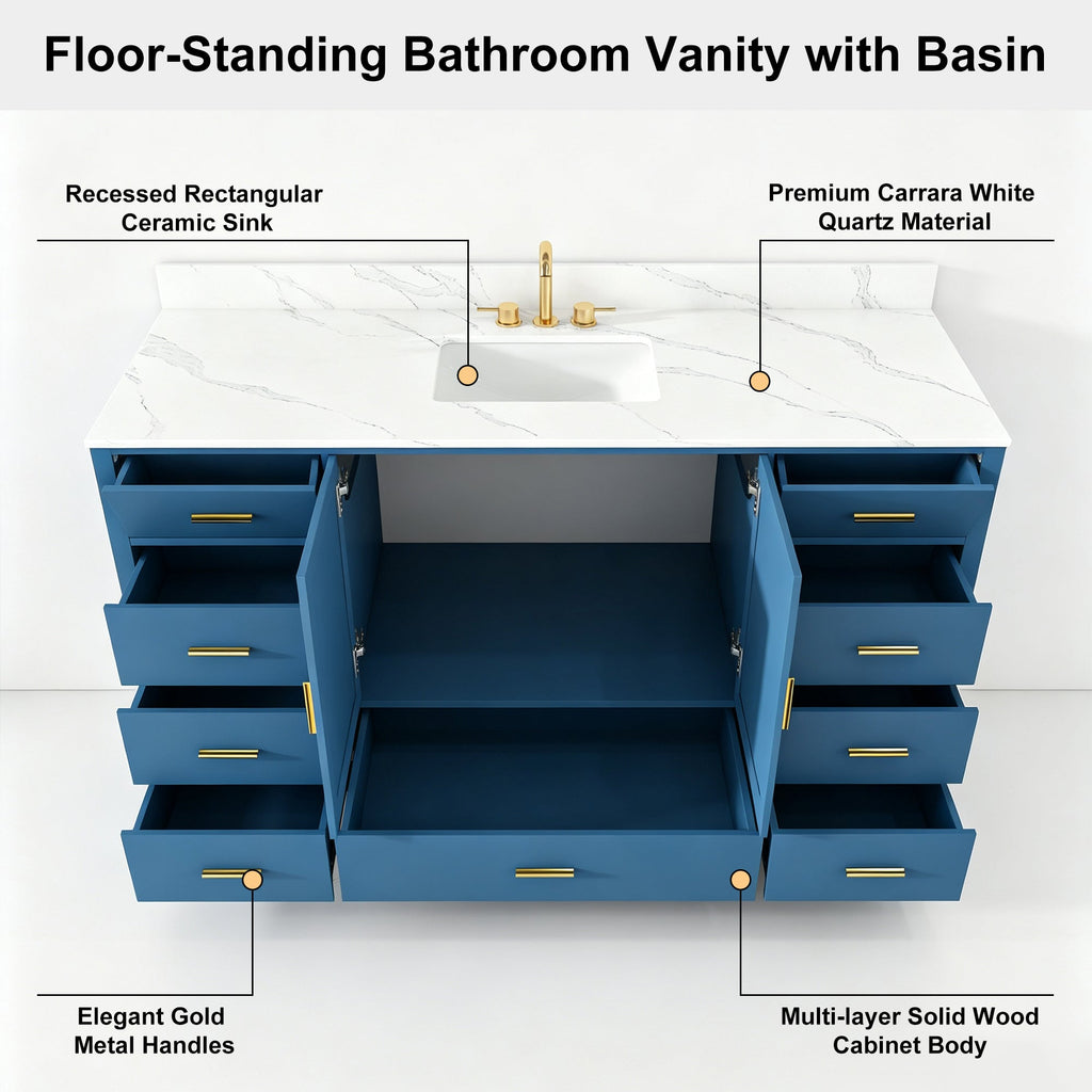 60" Solid Wood Bathroom Vanity with Carrara Sink - Blue or White