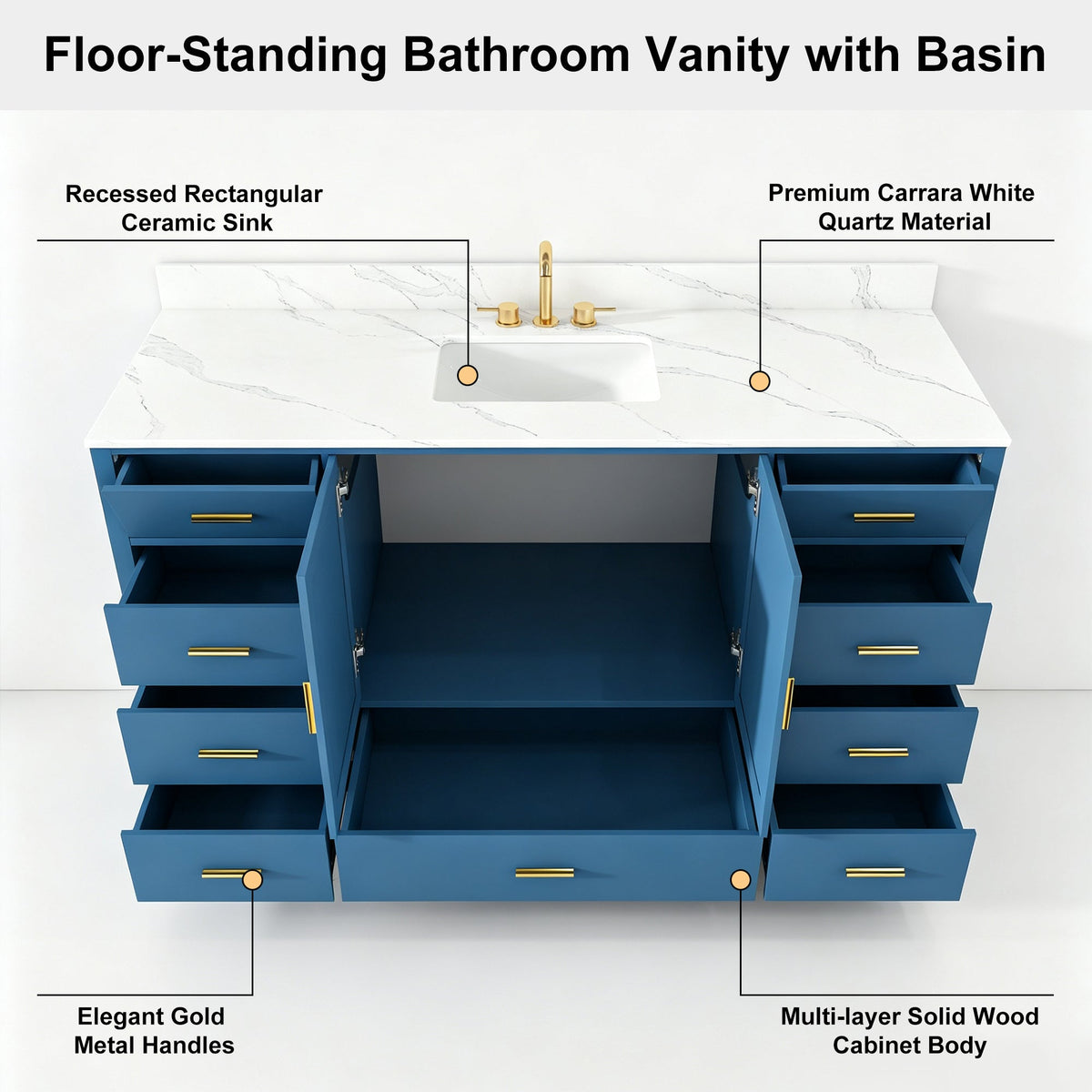 60" Solid Wood Bathroom Vanity with Carrara Sink - Blue or White