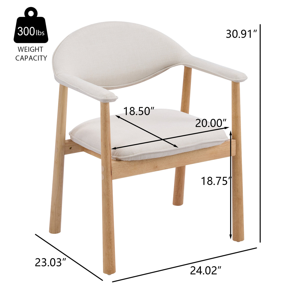 Upholstered Dining Chairs with Curved Back - Fabric and Rubber Wood - Beige or Natural