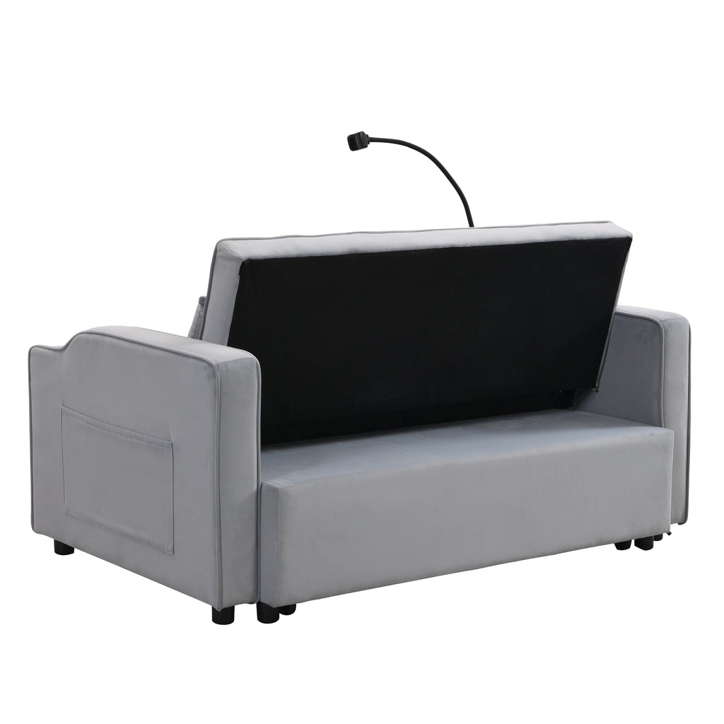 Modern Velvet Sleeper Loveseat with Pullout Bed and USB Ports - Light Gray