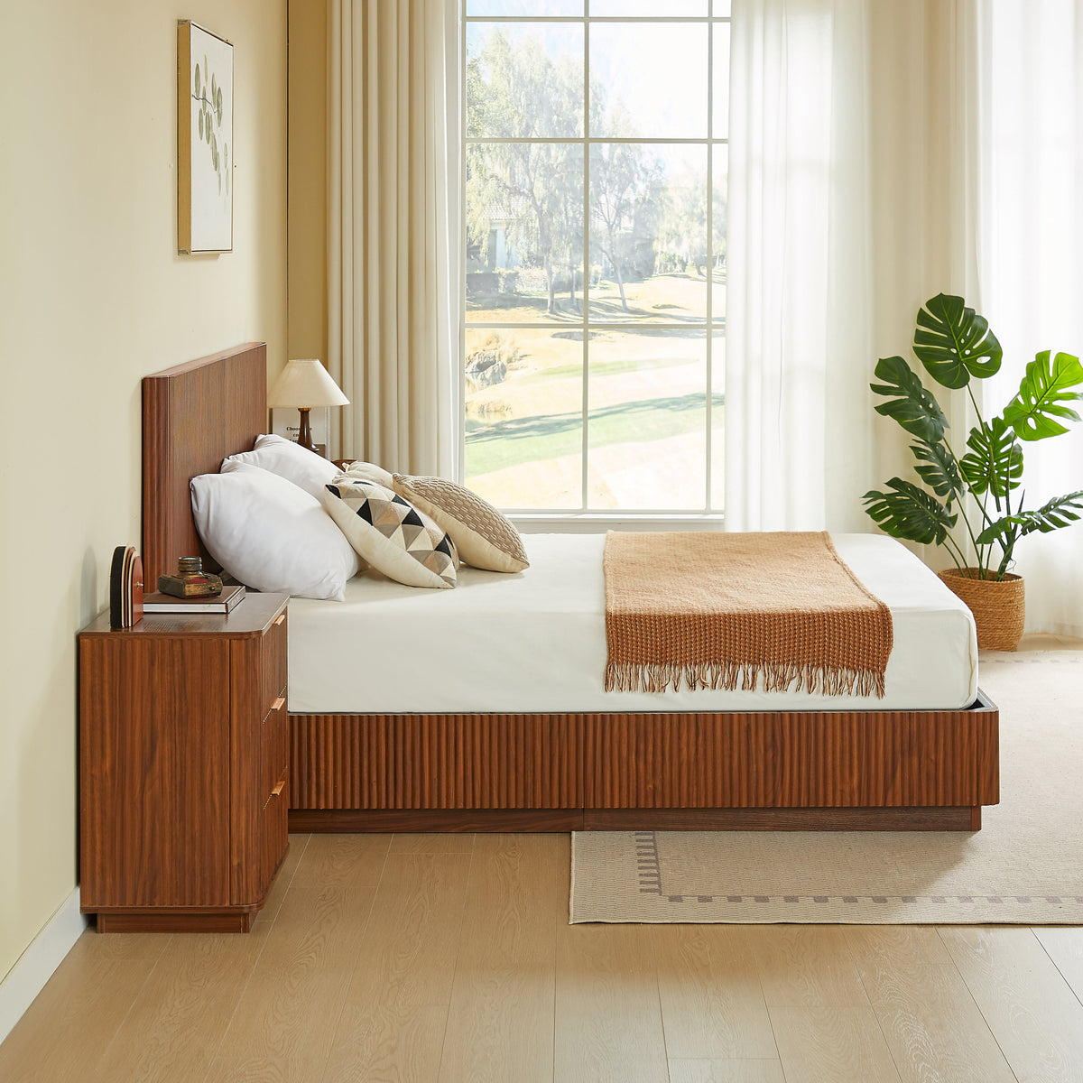 King Size Bed Frame with LED Lights - Walnut